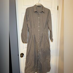 Monoprix Femme Sz 12 Aline Maxi Shirt Dress Brown Gingham Check Pleating Prairie